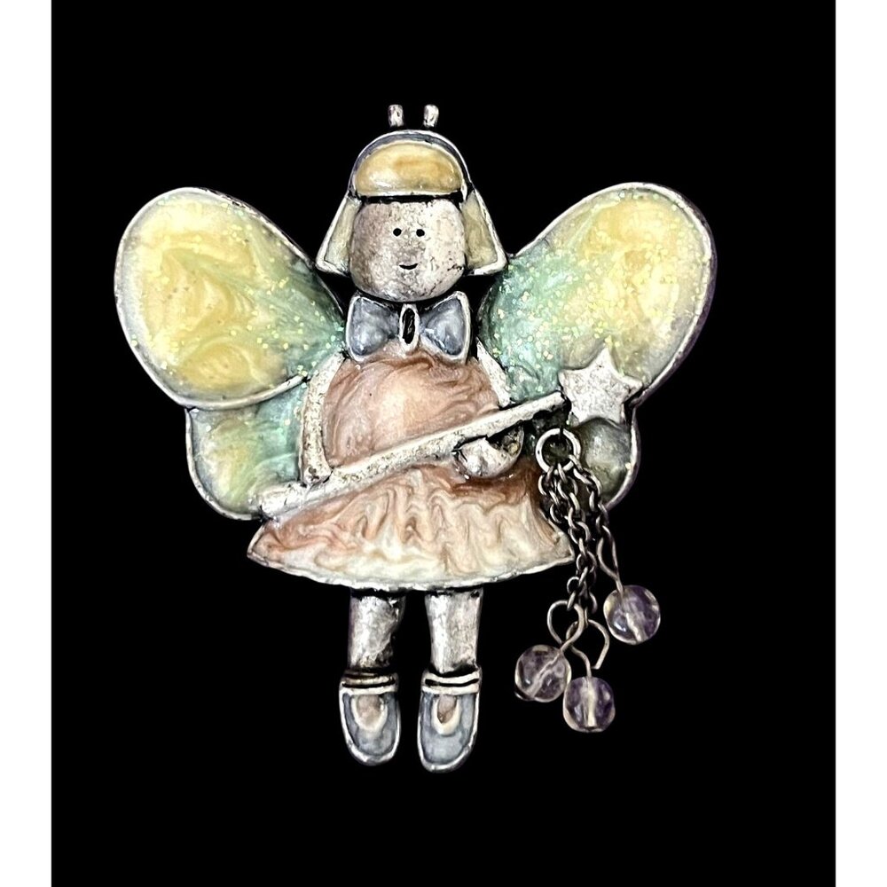 Vintage Fairy Brooch Pin With Enamel Wings & Dress